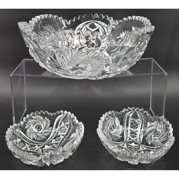 Set of 3 Antique McKee Glass Pres Cut Crystal Bowls WILTEC Pattern 1913 8.5" - Picture 5 of 8